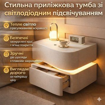 Приліжкова тумба з екошкіри з LED-підсвіткою та двома висувними шухлядами (світла) MBXFO1 фото