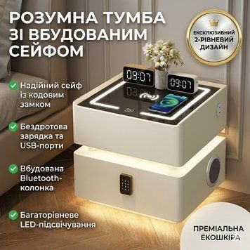 Розумна приліжкова тумба XF01 з вбудованим сейфом, бездротовою зарядкою і Bluetooth, біла екошкіра/скло WHIXF01 фото