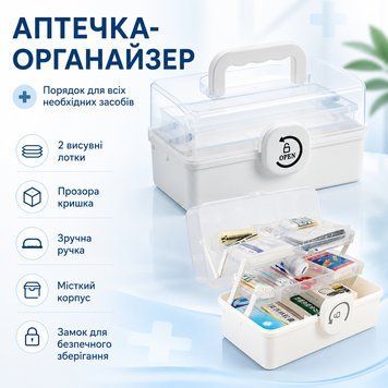Органайзер для ліків 28&times;15&times;14 см, пластикова аптечка з ручкою, лотками та прозорою кришкою WMED2815 фото