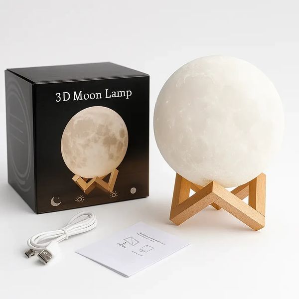 УЦІНКА! Світильник-нічник 3D шар Місяць Moon Lamp на дерев'яній підставці 15 см (Плохе паковання 3331) ML3391 фото