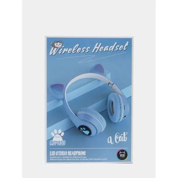 Навушники з котячими вушками бездротові та RGB-підсвіткою FM радіо, micro SD Cat MZ-023 Сині BLUEMZ023 фото