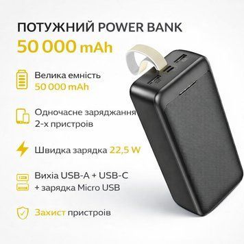 Повербанк Awei J111B 50000 mAh, 22.5W &mdash; портативний зовнішній акумулятор з швидкою зарядкою, 3 виходи, Li-Pol, чорний J111B фото
