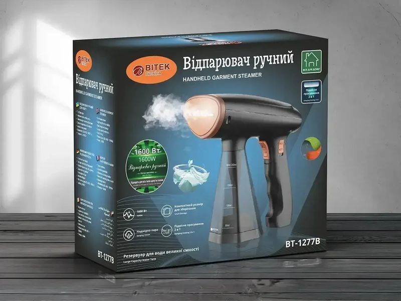 Ручний вертикальний відпарювач для одягу на 1600 Вт із резервуаром для води на 200 мл BITEK BT-1277B Чорний BT1277B фото