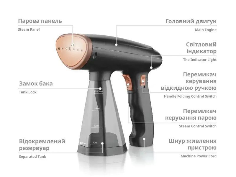 Ручний вертикальний відпарювач для одягу на 1600 Вт із резервуаром для води на 200 мл BITEK BT-1277B Чорний BT1277B фото