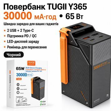 Повербанк TUGII Y365 30000 mAh 65W чорний із 2 USB, 2 Type-C та ремінцем для телефону й ноутбука Y365 фото